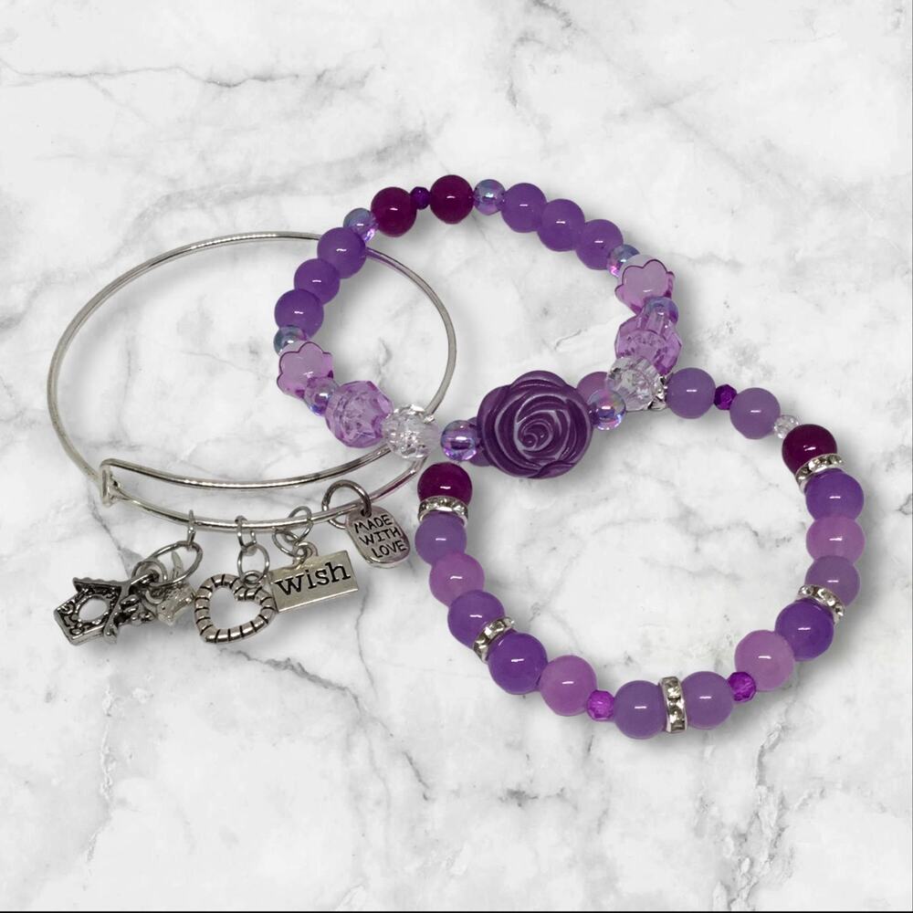 Purple Stretch & Bangle Charm Bracelet Set Glass Unique Design Handmade